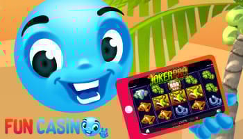 Fun Casino bl&aring; cirkel med ansikte med surfplatta