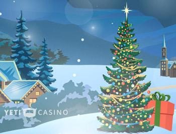Yeti casino vinterlandskap med julgran och paket i f&ouml;rgrunden