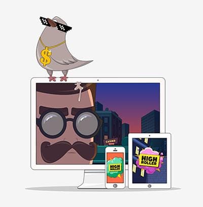 dator med duva p&aring; toppen, mobil och surfpallta med highroller