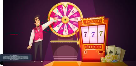 man med lyckohjul, spelautomat och spelkort