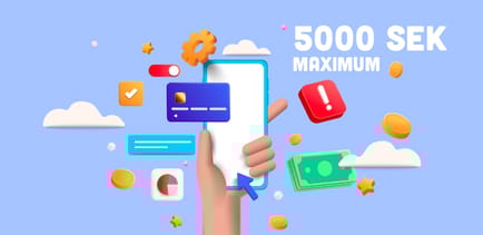 Animerad hand med mobil i handen, text 5000 sek maximum