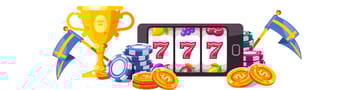 nätcasino, spelautomat på mobil, spelmarker, pokal och svensk flagga